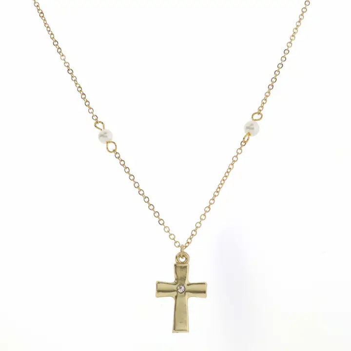 JM Kids 14" Pearl Station, Chain with Cross Necklace