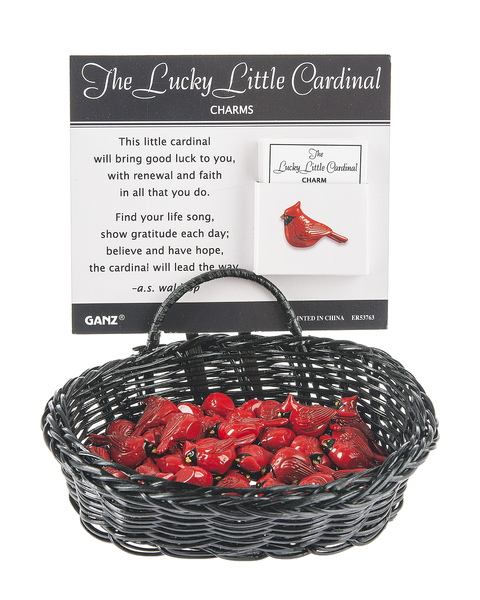 The Lucky Little Cardinal Charms in a Basket