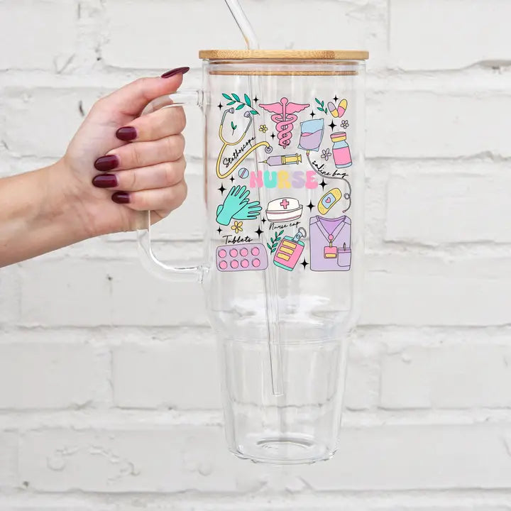 Nurse 40oz Glass Tumbler with Lid and Straw