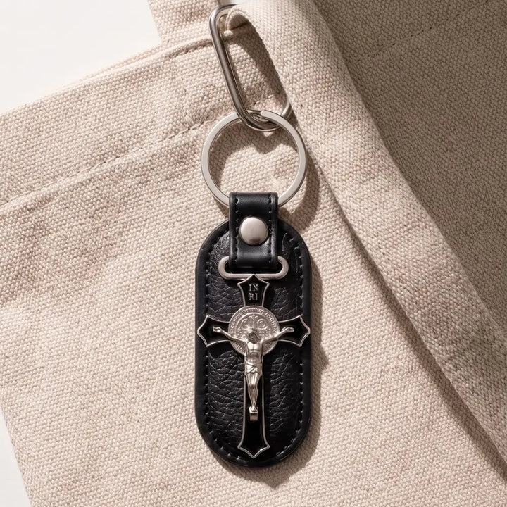 Leather Crucifix Keychain Fob Black, the Power of the Cross