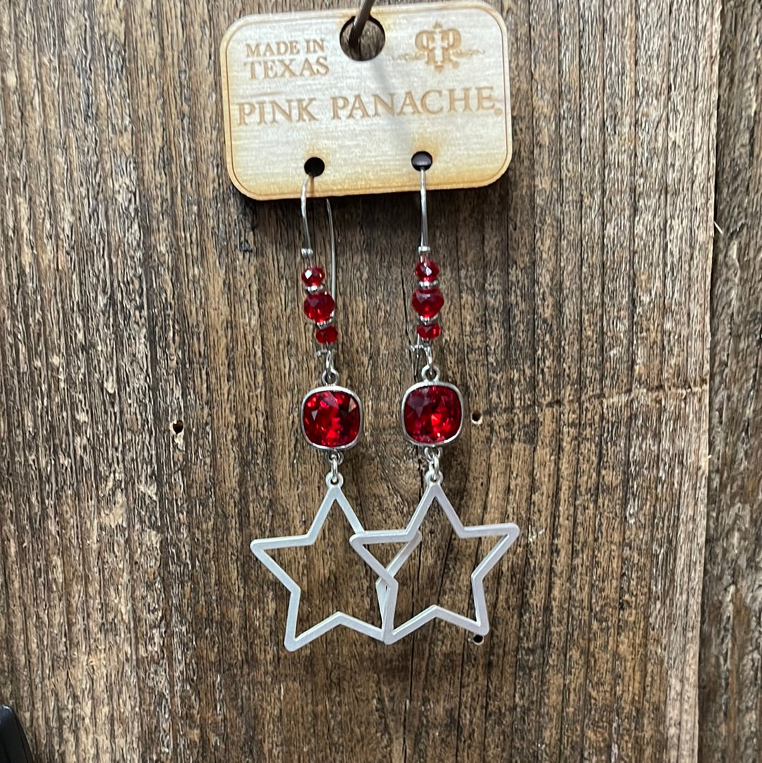 V177 Silver Star and 10mm Red Cushion Cut Earring
