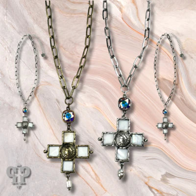 Iridescent pearl cross and coin necklace, Austrian crystal