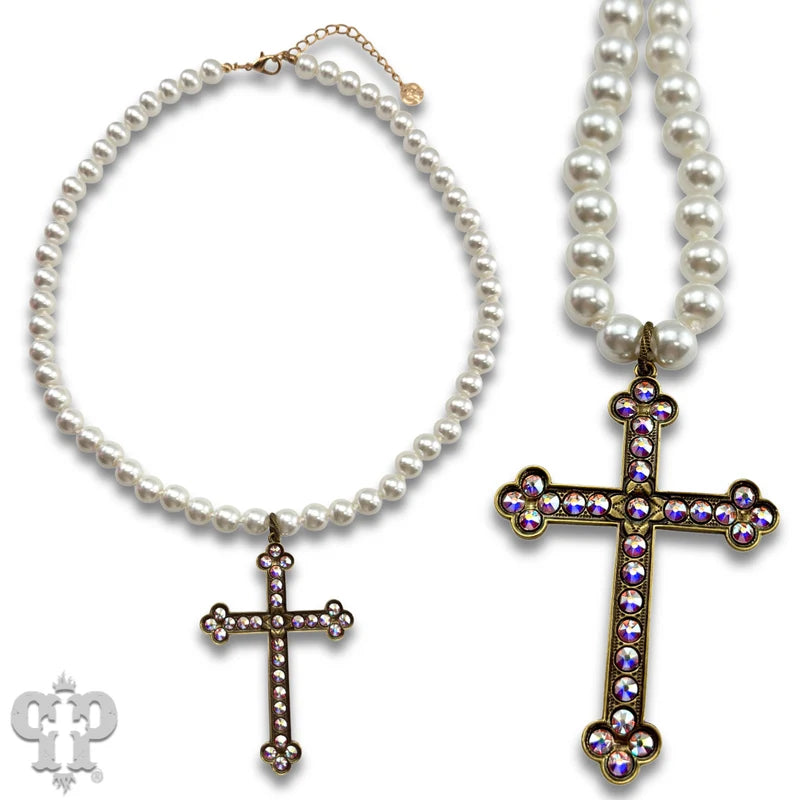 Pink Panache Large gold cross on pearl necklace with crystals from Swarovski