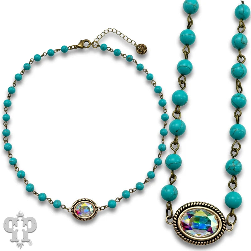 Pink Panache Mini oval rhinestone pendant necklace- Turquoise