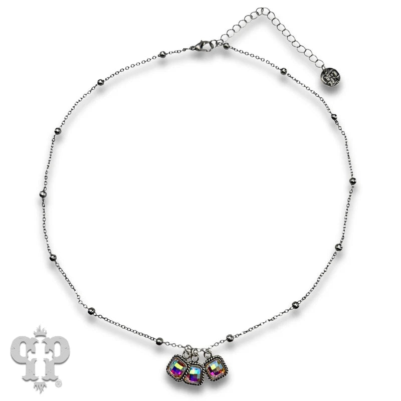 Pink Panache Fine silver tone chain and square rhinestone charm necklace