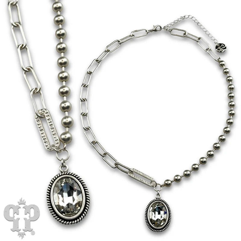 Pink Panache Vertical oval crystal pendant on mixed chain necklace-Silver