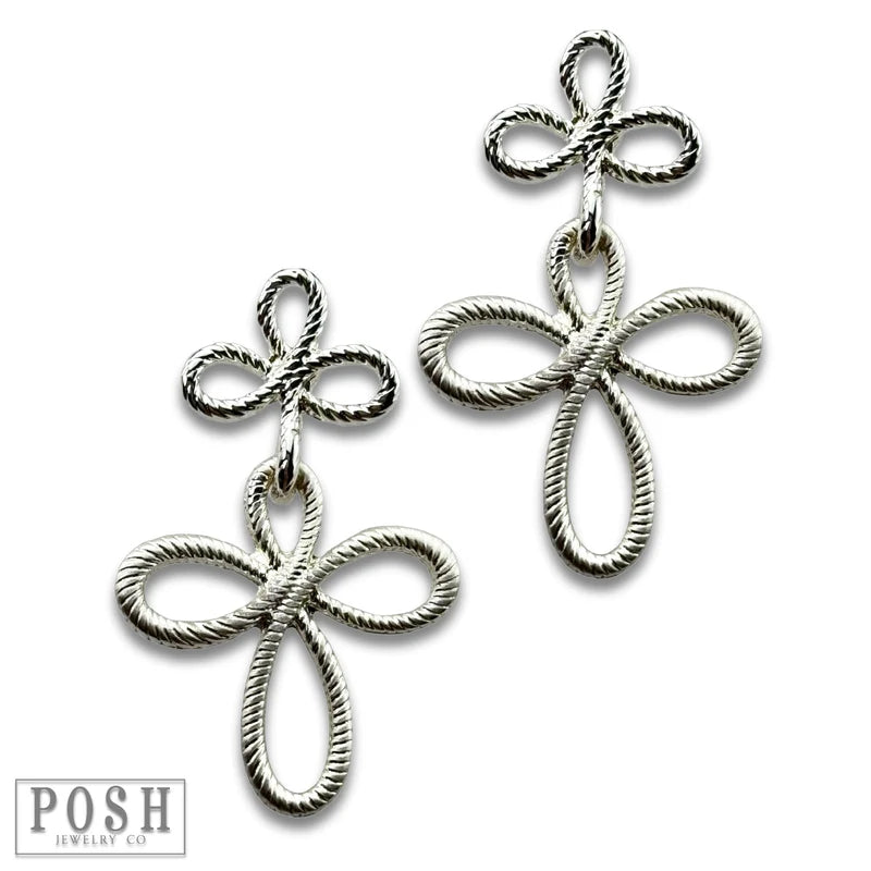 Double cross textured earring silver