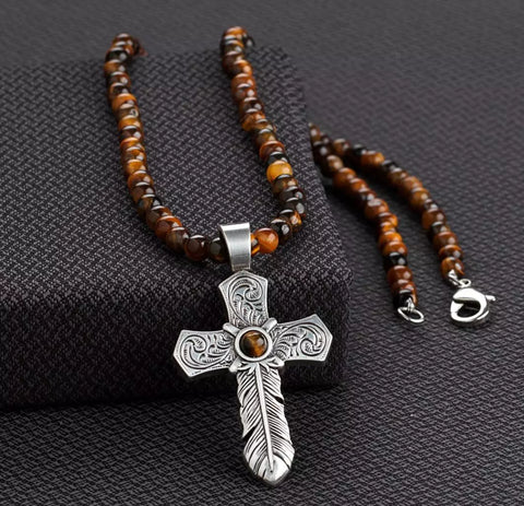 Silver Strike Tiger Eye Beaded Necklace With Cross Pendent - D47012