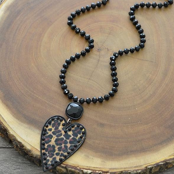 Leopard Heart Pendant Bead Necklace
