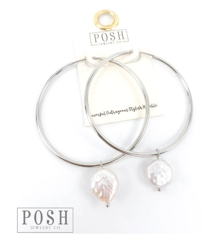 9PE232 Hoop earring with fresh water coin pearl (2 colors)