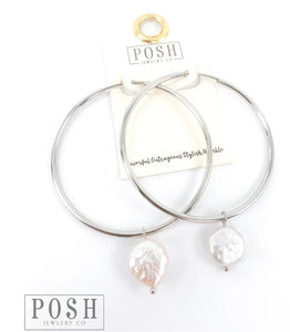 9PE232 Hoop earring with fresh water coin pearl (2 colors)