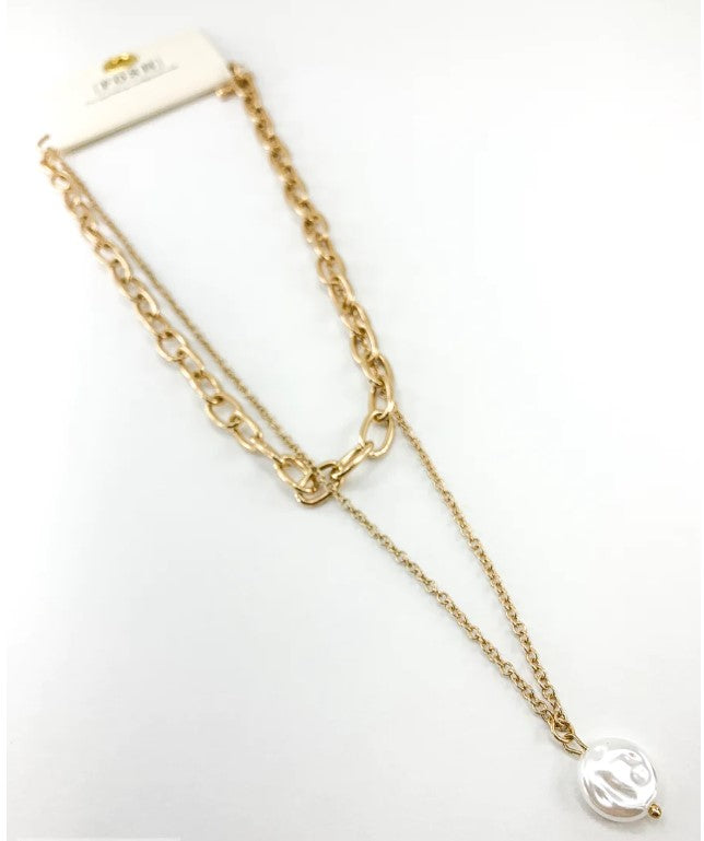 9PN070 Double chain necklace with pearl disc