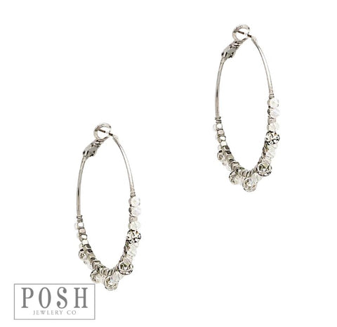 9PE217 Hoop earring with hand wrapped clear beads and rhinestone rondelles