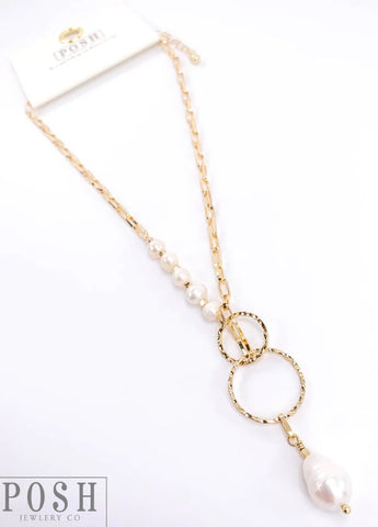 9PN120  Paperclip chain and pearl necklace with rings and large pearl drop (2 colors)