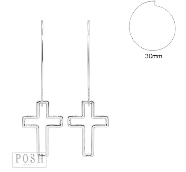 9PE135 Open floating cross on hoop earring (2 colors)