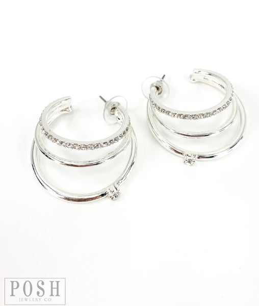 9PE108 Triple hoop earring with clear rhinestones (2 colors)
