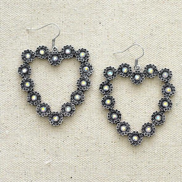 Flower Heart Rhinestone Earrings