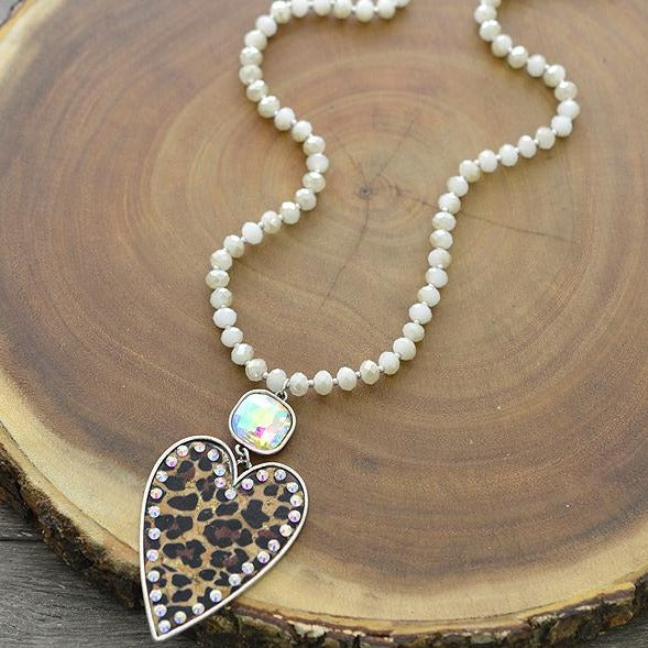 Leopard Heart Pendant Bead Necklace