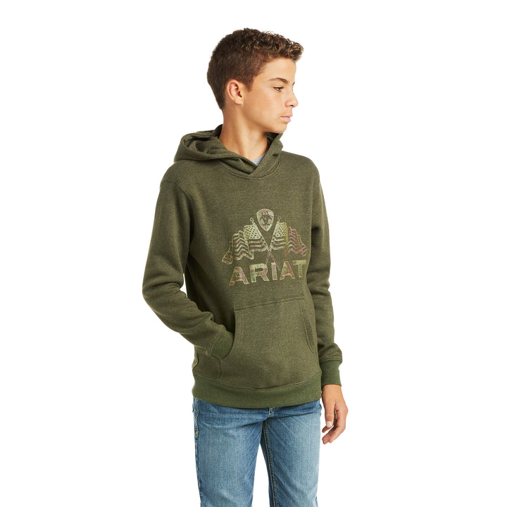 Ariat Boys Basic Hoodie Sweatshirt BRINE OLIVE DOUBLE FLAG