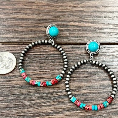 Tiny 4mm Gemstones 45mm Hoop, Natural Turquoise and Red Post Earrings