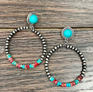 Tiny 4mm Gemstones 45mm Hoop, Natural Turquoise and Red Post Earrings