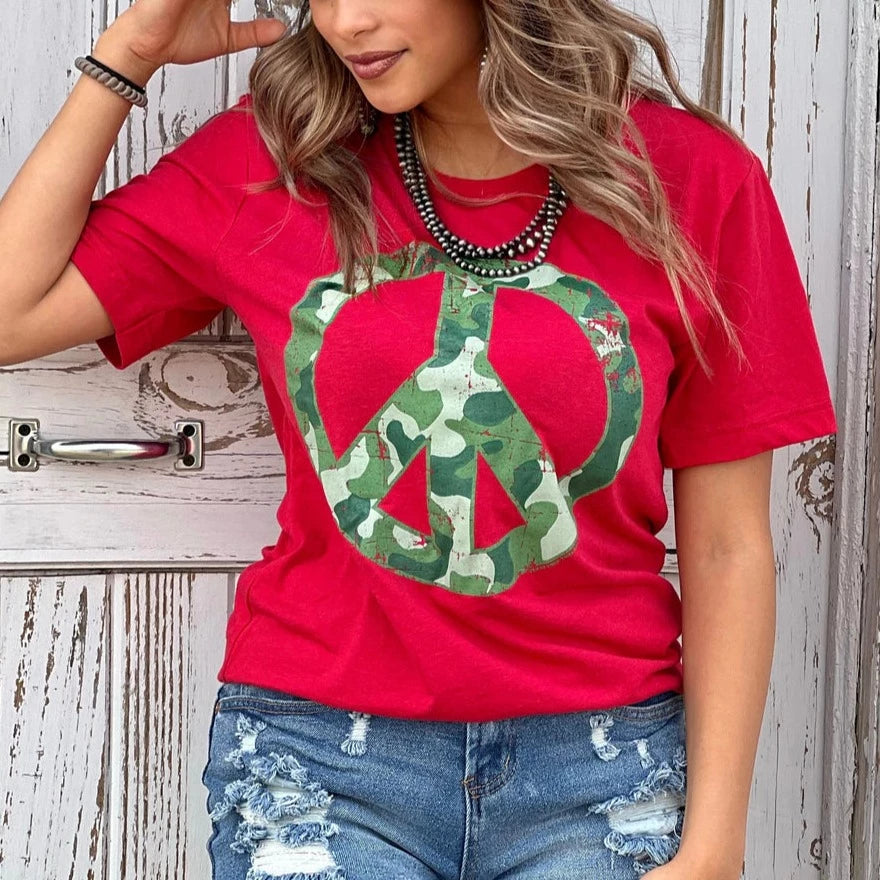 Green Camouflage Print Peace Sign Tee