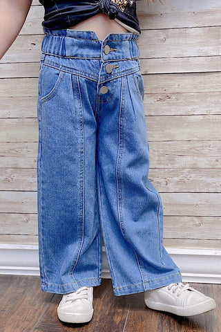 3 BUTTON DENIM PANTS WITH STRETCHABLE WAIST BAND.