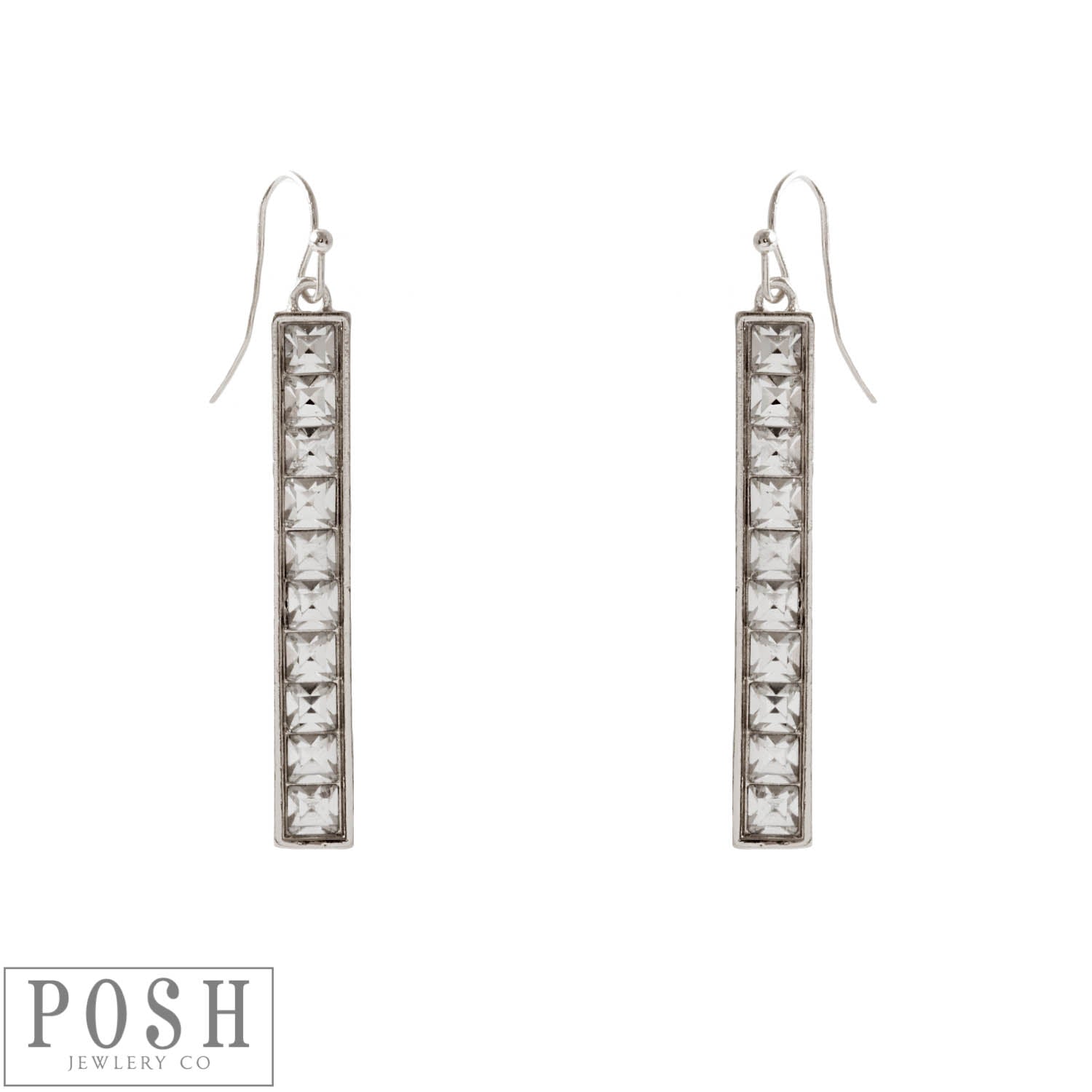 9PE202SCL SILVER Rectangle bar earring with square clear rhinestones