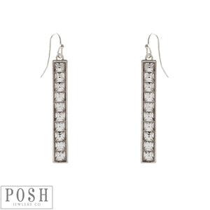 9PE202SCL SILVER Rectangle bar earring with square clear rhinestones