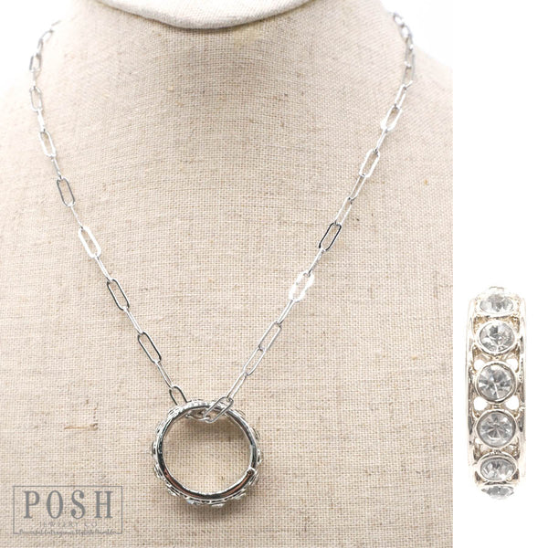 9PN110 Paperclip chain with clear rhinestone studded circle pendant (2 colors)