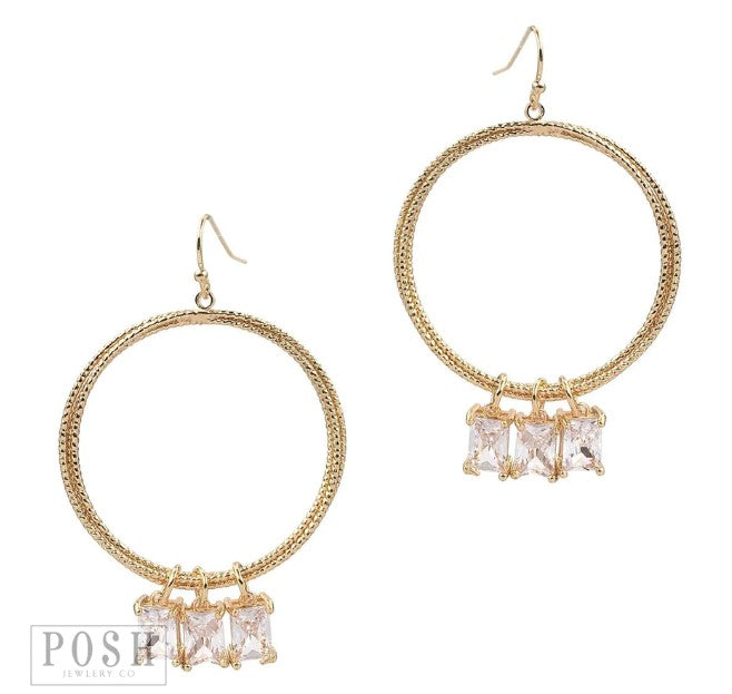 Posh 9PE101 * Round hoop with 3 crystal baguette drop earring