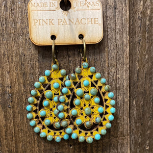 E-453MT Mustard Crackle Wood Earrings with Turquoise Stones