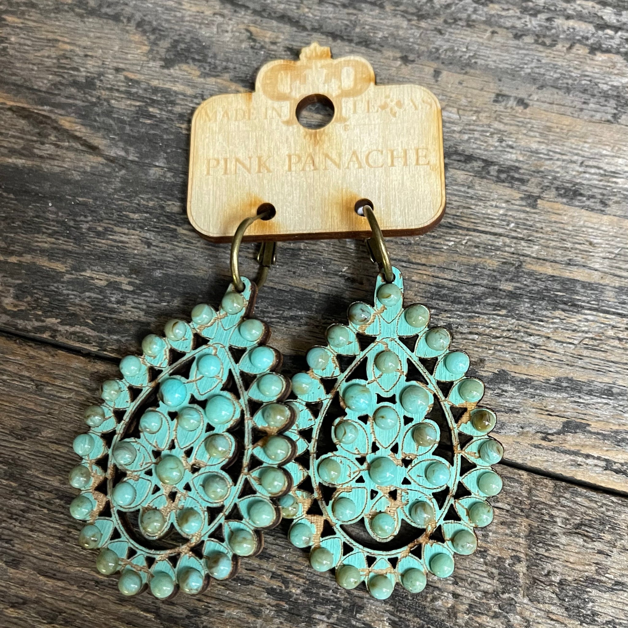E-453TT  CrackleWood Teardrop with Turquoise Cabochons