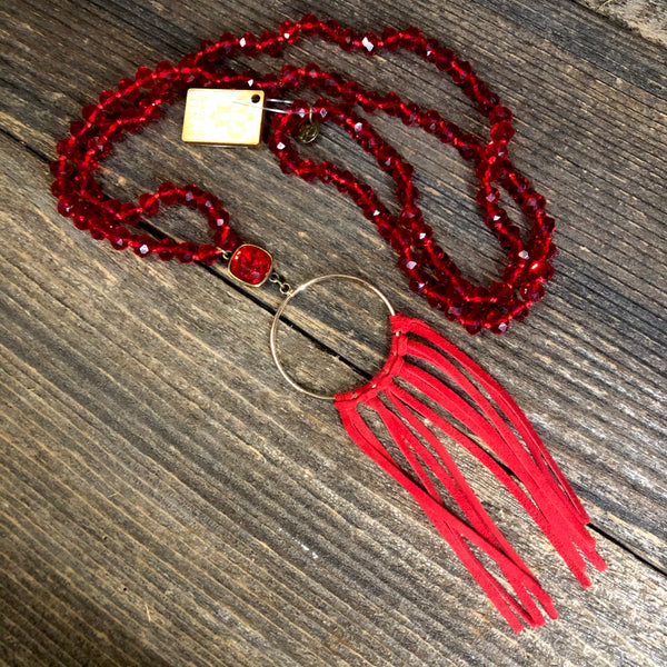 Knotted Beaded Necklace With Red Fringe