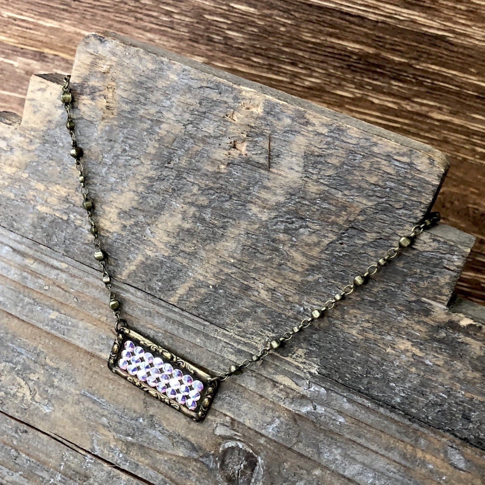 Sideways Rectangle with AB Crystal Necklace