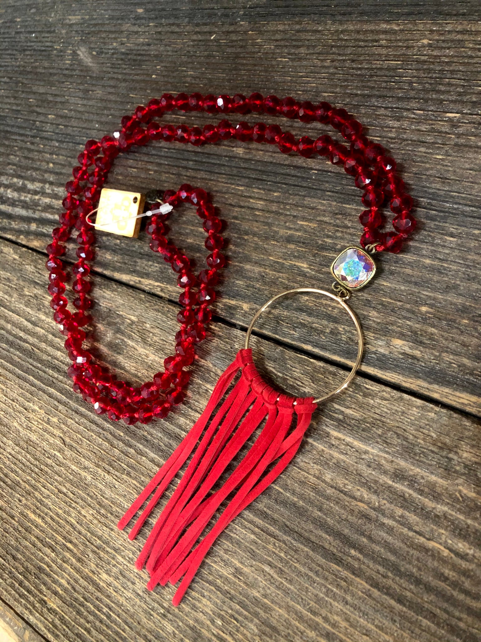 Knotted Beaded Necklace With Red Fringe