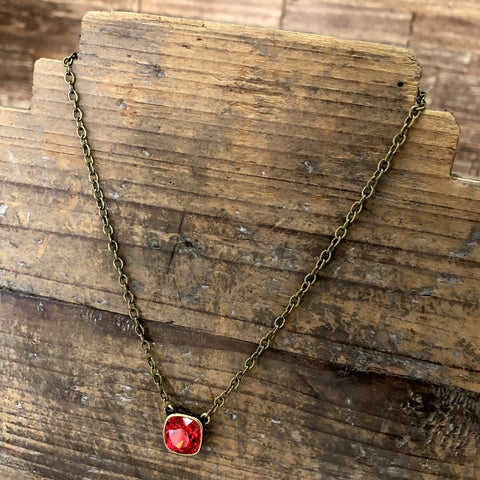 N-341BR Red Cushion Cut Necklace on Brass