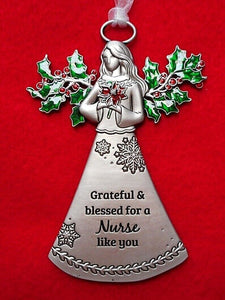 Holly Angel Ornament, "Grateful & blessed