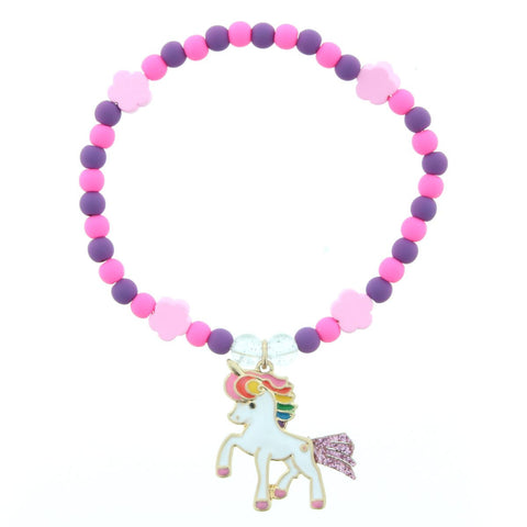 Kids Purple & Hot Pink Beaded Stretch Bracelet with Unicorn Glitter Tail